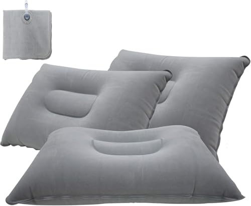 LiXiongBao 3 Pezzi Cuscino Inflatabile Grigio Superchiaro, Piccolo Quadrato con Rivestimento in Tessuto, Ideale per Escursioni, Camping, Viaggio, Pisolino al Banco, Supporto Collo e Lombarico