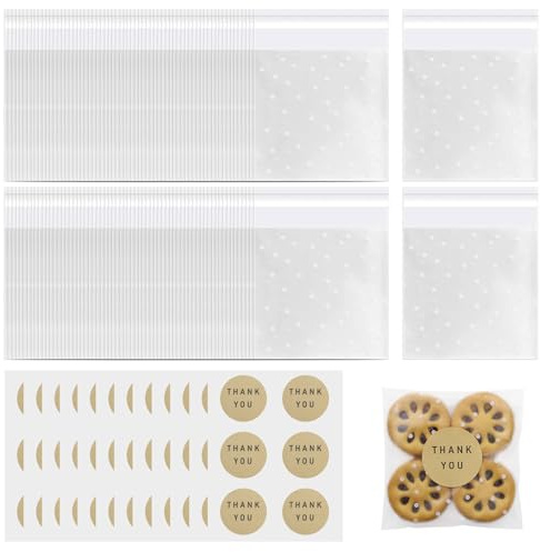 INNAL 200 Piezas Bolsas de Galletas Autoadhesivas con 36 Calcomanías 10x10 cm Bolsitas Plastico Pequeñas Bolsa Celofan Transparente Bolsas de Celofán Pequeñas para Panadería Dulces Joyas Chocolates