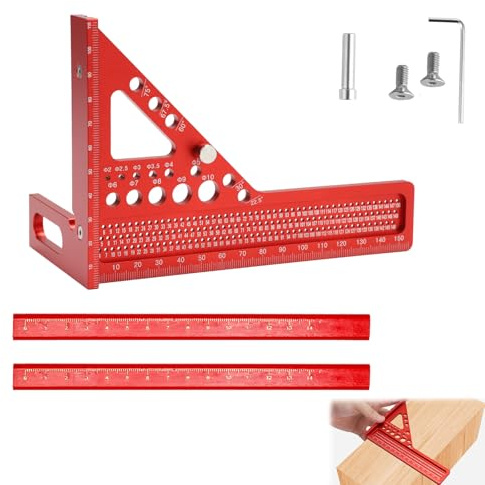 Regla de Ángulo de Carpintería, Escuadra de Carpintero 3D, Escuadra Carpintero, 0-150 Mm, Ángulos Preestablecidos de Uso Común de 22,5°-75°, Aleación de Aluminio, Rojo