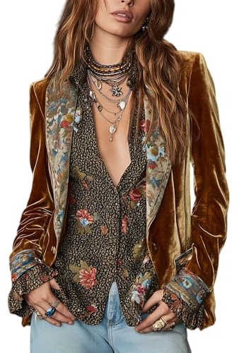 Elegante Blazer Mujer - Chaqueta Tipo Blazer De Terciopelo Ajustada De 1 Botón para Mujer con Bloques De Color Estampado Floral Vintage Solapa con Muesca Chaquetas De Traje De Lujo De Terciopelo Do