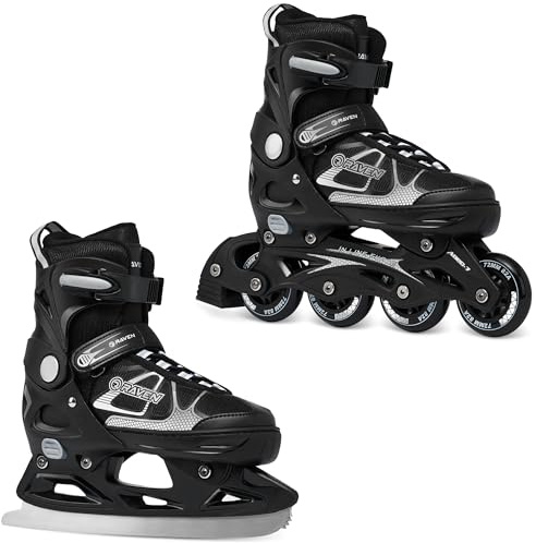 Raven - Pattini a rotelle per bambini, ragazze, ragazzi, adulti, bambini - Pattini a rotelle opzione 2 in 1 con pattini da ghiaccio - Regolabili - Spirit Black/White con Pattini, 37-40 (23,5-26cm)