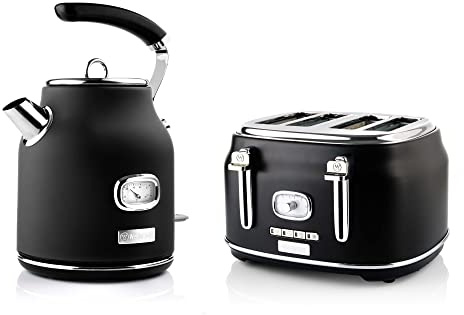 Westinghouse Retroline Frühstück-Set Schwarz, Toaster & Wasserkocher, 1.7 Liter, Kalkfilter & Überhitzungsschutz, Vier Schlitz Toaster mit Brötchenaufsatz & Krümelschale