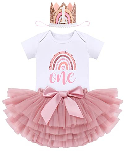 IBTOM CASTLE Cake Smash Outfit 1st Birthday Girl Rainbow Romper + Tutu Skirt + Headband 3pcs Set Two Year Old Girl Dress Photo Shoot Clothes (Bean paste One+Crown, 1Year)
