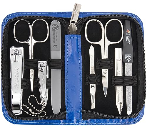 DREI SCHWERTER - Maniküreset 'Roma' - Nageletui mit 8 Instrumenten: Nagelschere, Hautschere, Fuß/Finger-Nagelknipser, Nagelreiniger, Pinzette, Glasnagelfeile, Saphirnagelfeile - blau