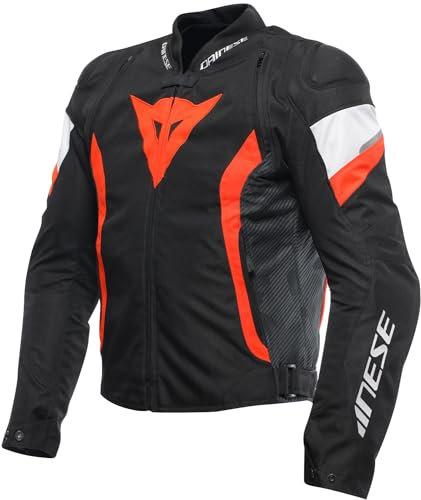 Dainese - Avro 5 Tex Jacket, Chaqueta de Moto de Tela con Protectores de Hombros, Hombre, Negro/Rojo Fluo/Blanco, 58