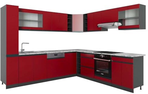 Vicco Eckküche R-Line, Rot/Anthrazit, 277 x 60 cm J-Shape, AP Marmor, zur flexiblen Zusammenstellung und Erweiterung geeignet