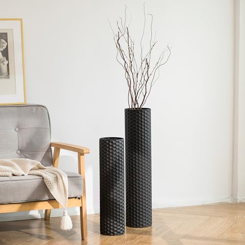 Sziqiqi Black Cylinder Tall Floor Vase: 27.6/21.7in Metal Extra Large Decorative Vase Set of 2 Living Room Modern Honeycomb Texture Big Standing Vase for Dining Bedroom Home Corner Indoor Office