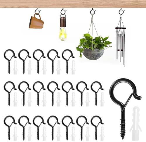 Yoicn Lth Lot de 20 crochets à visser noirs en acier inoxydable, piton a visser avec boucle de sécurité, pour paniers de plantes, nichoirs, décorations de Noël et tasses