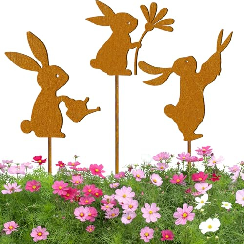 CIYIN 3 Pièces Pâques Lapin Rouillés, Lapins de Pâques Rouillé Décoration de Jardin, Décoration de Pâques pour l'extérieur,Patine Rouille Naturelle,Lapins de Pâques comme Décoration de Jardin Rouillé