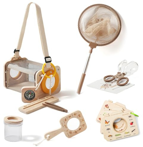 WOODEN TEETHER 9-delat massivt träundersökningsset för barn, utomhusleksak med insektsfångare, förstoringsglas för barn, kompass, muggförstoringsglas, camping, naturutforskning, present till pojkar