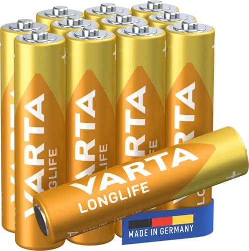 VARTA Pile AAA, confezione da 12, Longlife, Alcaline, 1,5V, ideale per telecomandi, sveglie, radio, orologi da parete, imballaggio riciclato al 90%, Made in Germany