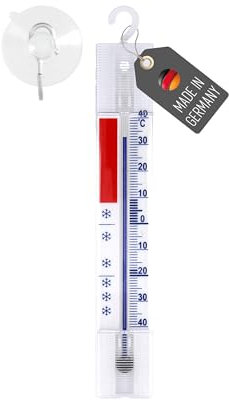 Lantelme Termómetro para frigorífico con gancho y ventosa, indicador de temperatura de -40 a 40 °C, analógico, dimensiones 14 x 2,5 cm, color blanco con escala de colores, termómetro también para