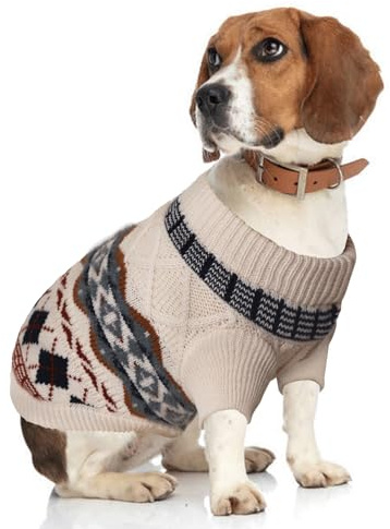 LiebeDD Dog Jumpers Large Size, Boho Dog Sweater Knitted Jumpers for Dogs with Short Sleeves, Thick & Warm, Soft Christmas Jumper for French Bulldog, Dachshund, Corgi (Beige)