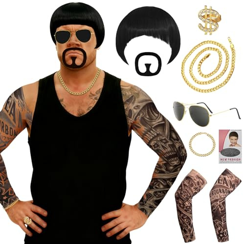 Ibiza Final Boss Costume Funny Costumes For Men with Handsome Black Bowl Cut Wig Hair Nets Goatee Mustache Sunglasses Gold Chain Ring & Tattoo Sleeves, 90s Meme Cosplay Ibiza Outfit for Carnival Party
