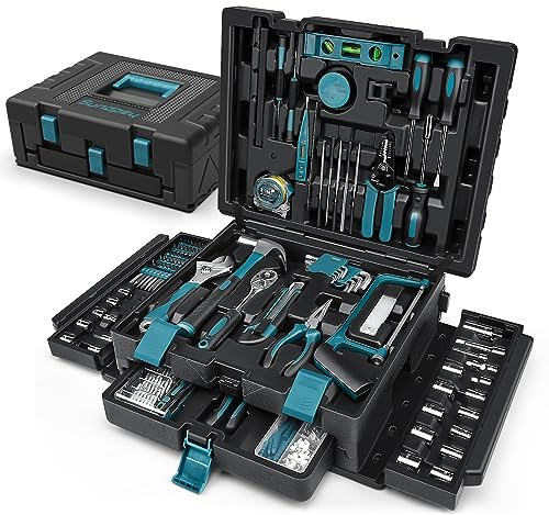 Sundpey Werkzeugkoffer 379 tlg, Werkzeugkoffer Gefüllt mit Schublade Allgemeines Werkzeugset Haushalts-Werkzeugkasten Werkzeugset für Reparaturen im Haushalt und Heimwerken, Blu