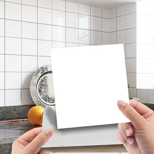 Lot de 48 autocollants pour carrelage de salle de bain et cuisine - 15 x 15 cm - Carreaux adhésifs imperméables pour mur arrière de cuisine - Film mural en PVC (blanc - 48 pièces)