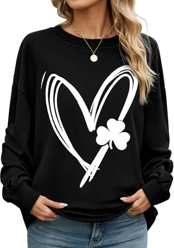 CMTOP Sweatshirt dam elegant tryck tröja rund hals långärmad tröja av bomull bekväm ledig streetwear vår höst övergång topp utan huva, Black-B, XXL