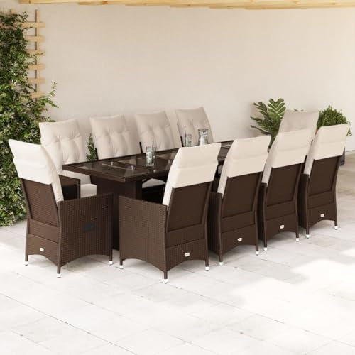 Tonture Ensemble bistro de jardin 11 pièces avec coussins, en polyrotin marron, fauteuil relax réglable, grande table à manger, résistant aux UV, pour terrasse, balcon, extérieur