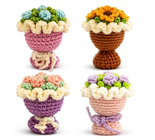 Tastetreasure Mini bouquet di fiori fatti a mano all'uncinetto, piccolo arrangiamento floreale lavorato a maglia da tasca, grazioso fiore artificiale per il ringraziamento degli insegnanti, laurea