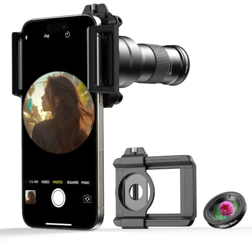 APEXEL 2.0 förbättrat 6 x HD-teleobjektiv med universalklämma, makroobjektiv, flera gånger kompenserad, kompatibel med iPhone 17/16/15…, Samsung, Pixel och andra smartphones, matt svart.