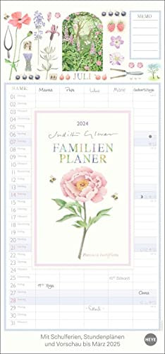 Judith Glover Familienplaner 2024. Familienkalender mit 5 Spalten. Liebevoll illustrierter Familien-Wandkalender mit Schulferien. Hübscher Wandplaner 2024.