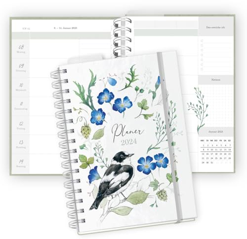 Kalender Wochenplaner 2024 I Planer DIN A5 Ringbuch I Terminplaner Buchkalender Blumen, in blau und grün, liebevoll illustriert von Sophia Drescher