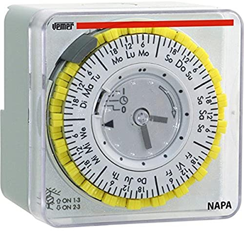 VEMER VP885800 Temporizador/Interruptor Horario Electromecánico, Programación Semanal, Instalación en Pared, Panel o Carril DIN, Gris Claro