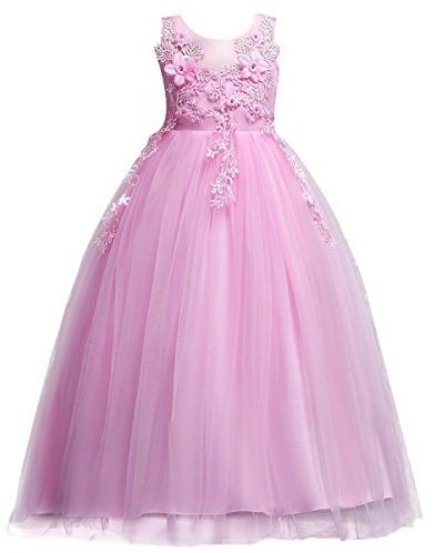Vestido de niña de Dama De Honor Apliques de Encaje de Tul de Flores Princesa Vestidos de Boda Fiesta Comunión Cumpleaños Bola Pageant Paseo Baile Maxi Cóctel Fotografía Vestir Rosa 15-16 Años