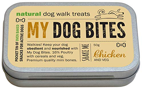 MY DOG BITES for Dog Lovers - Tasty Dog Treats in Pocket size Tin Walkies CHICKEN 50 grams - Approx. 50 Mini Bones. Great For Training
