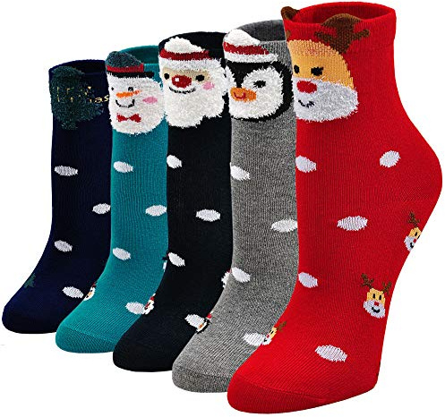 PUTUO Chaussettes de Noël Enfant Fille Chaussettes en Coton, Animal Chaussette Fille Garçons Fantaisie Socquettes, Cadeau de Noël, 5-7 Ans, Multicolore, 5 paires