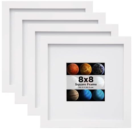 EGOFINE 8x8 Photo Frames Set of 4, Solid Wood Picture Frames with Plexiglass for Picture 4x4 with Mat or 20x20cm without Mat, Square Frames with Mount,Tabletop and Wall Mounting Display, White