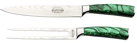 Rockingham Forge Sunrise Collection Carving Knife and Fork Set, Premium Stainless Steel with Resin Handles, Green