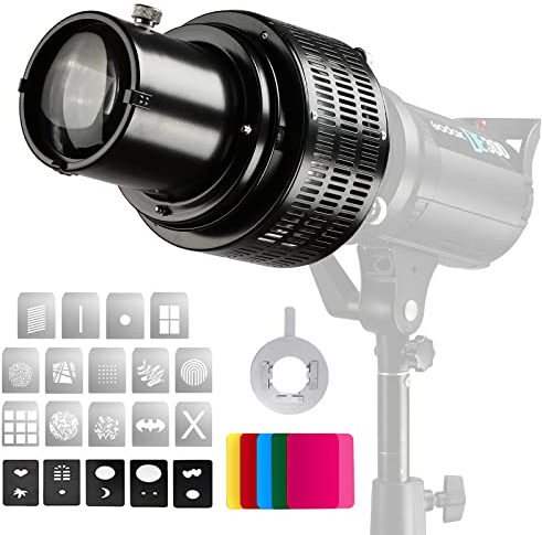 Soonpho Optischer Konische Snoot mit Bowens Halterung für Fotografie, Aluminiumlegierung GOBO Projektor Bowens mit 5 Farbfilter & 19 Gobos für Monolight LED Licht Spotlight Studioblitz Dauerlicht