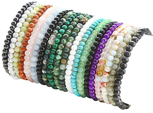 FIRAZIO 20Pcs 4mm Gemstone Beaded Bracelets for Women Mens Crystal Stone Bracelet Stretch Mini Round Beads Elastic Bracelets Jewelry Gifts