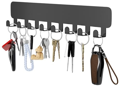 pickpiff Key Holder for Wall Self Adhesive, Key Hooks with 8 Hooks Wall Mounted, Black Key Hangers No Drill for Living Room, Kitchen, Office