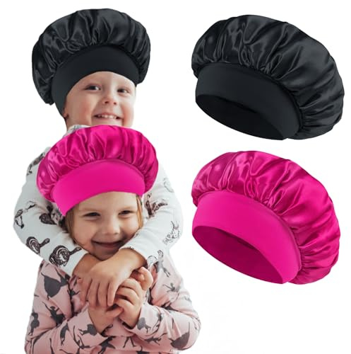 PUOKOTUL Bonnet Satin Cheveux Nuit pour Enfant,Bonnet de Sommeil Chapeau Nuit,Élastique à Large Band Réutilisable Bonnets de Nuit Doux pour Femmes (Petit Noir+Rose)