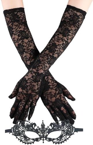 Amazleer Women's Long Lace Floral Opera Gloves with Lace Eyemask Wedding Bridal Dance Gloves - Stretchy Elbow Length (Black, 45cm)