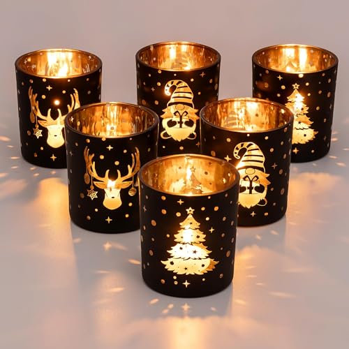 Romadedi Teelichthalter Weihnachten für Tischdeko Weihnachten: 6er Set Schwarz Weihnachtsgläser Kerzenständer für Weihnachtsdeko Teelichtgläser für Deko Weihnachten Wohnzimmer Party Tischgesteck Kamin
