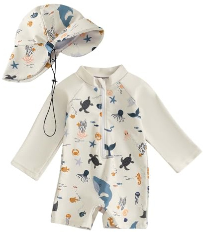 Traje de Baño Bebé UPF50+ con Capucha y Mangas Largas Rash Guard con Cremallera Cómoda y Transpirable Traje de Baño Bebe Niño Niña de Verano de Playa Vacaciones para 0-3 Años