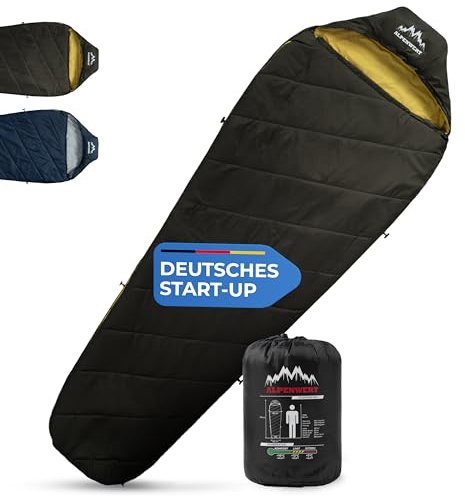 ALPENWERT® Schlafsack Sommer Ultraleicht & klein [15x27cm Packmaß] – Wasserabweisend, YKK Reißverschluss, Kältebrücke & Einklemmschutz – Perfekt für Camping & Festival (Dunkeloliv/Senfgelb)