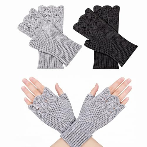 HYMC 2pairs Cashmere fingerless gloves for women, Twrist warmers for women,Soft Comfortable winter wrist warmers for Girls Ladies(grey&black)