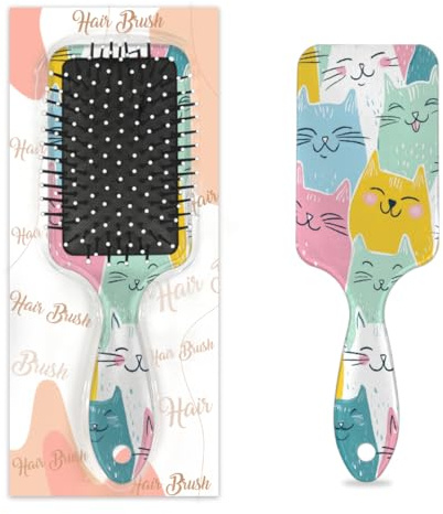 Colorful Cartoon Cute Cats Hair Brush for Women & Girls, Anti-Static Smooth Nylon Bristles Detangling Cushion Brush, Lightweight Vent Design for Wet & Dry Hair (8.66×2.75 in)