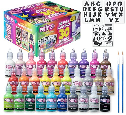 Puffy Bulk Buy Paint 30 pack Premium Quality 3D Paint Set. Great for School Projects, Permanent on Fabric, Canvas, Wood, Glass, and More Craft Surfaces