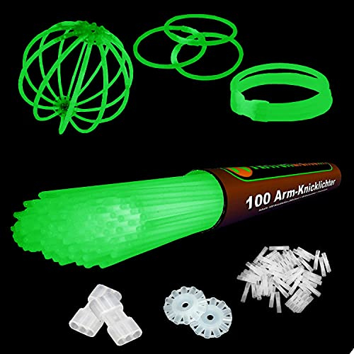 NEON FUN 100 grüne Arm-Knicklichter Set - inkl. 100 TopFlex Verbinder, 3fach & 2 Kreisverbinder | Lange Leuchtdauer für Party, Basteln & Events, Menge:1 Rolle