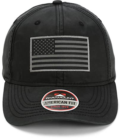 Paramount Outdoors - Waxed Cloth American Flag Cap - American Fit US Flag Cap Fits Head Size MD - 2X (Black)