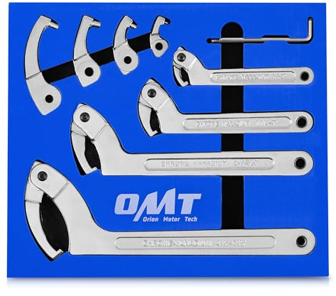 Orion Motor Tech 8pc Adjustable Pin Spanner Wrench Tool Set, Spanner Nut Wrench Tools with Changeable Heads for Pipes Heating Cars, Coilover Hook Wrenches for Suspension System, 3/4 to 6-1/10