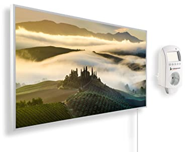 Riscaldatore a infrarossi Könighaus - 800 Watt + termostato smart e APP Könighaus - una stufetta elettrica a basso consumo - Cornice bianca (09. Panorama in Toscana)