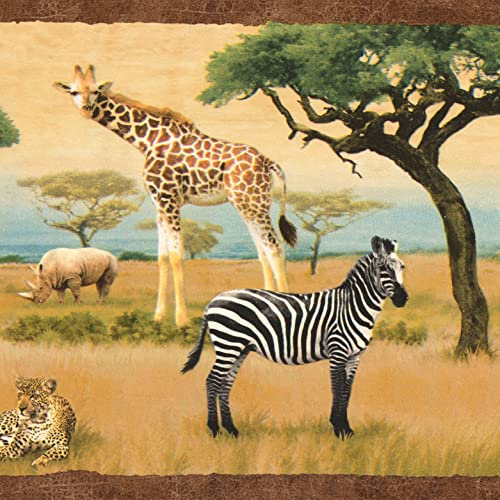 CONCORD WALLCOVERINGS ™ Wallpaper Border Animal Pattern Savannah Zebra Lion Leopard Elephant for Living Room Bedroom Beach House Cottage, Brown Green Gray, 15 ft by 7.8 in 5815165