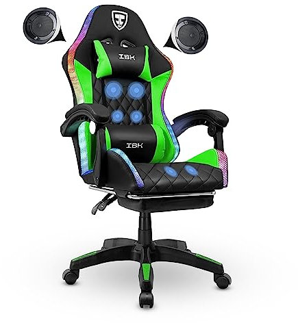 IBK Sedia da Gaming professionale, similpelle, massaggiante, supporto lombare, Led RGB, casse bluetooth, regolabile in altezza, schienale reclinabile, pistone a gas classe 3, Ufficio PC (Verde)