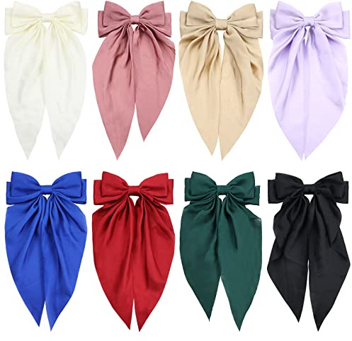 Yoosit 8 Pack Satin Big Large White Pink Red Blue Black Ribbon Hair Bows for Women Oversized Giant Bow with Long Tail Clips Bowknot French Barrette Girl Bun Ponytail Holder Accessories, 8.0 count